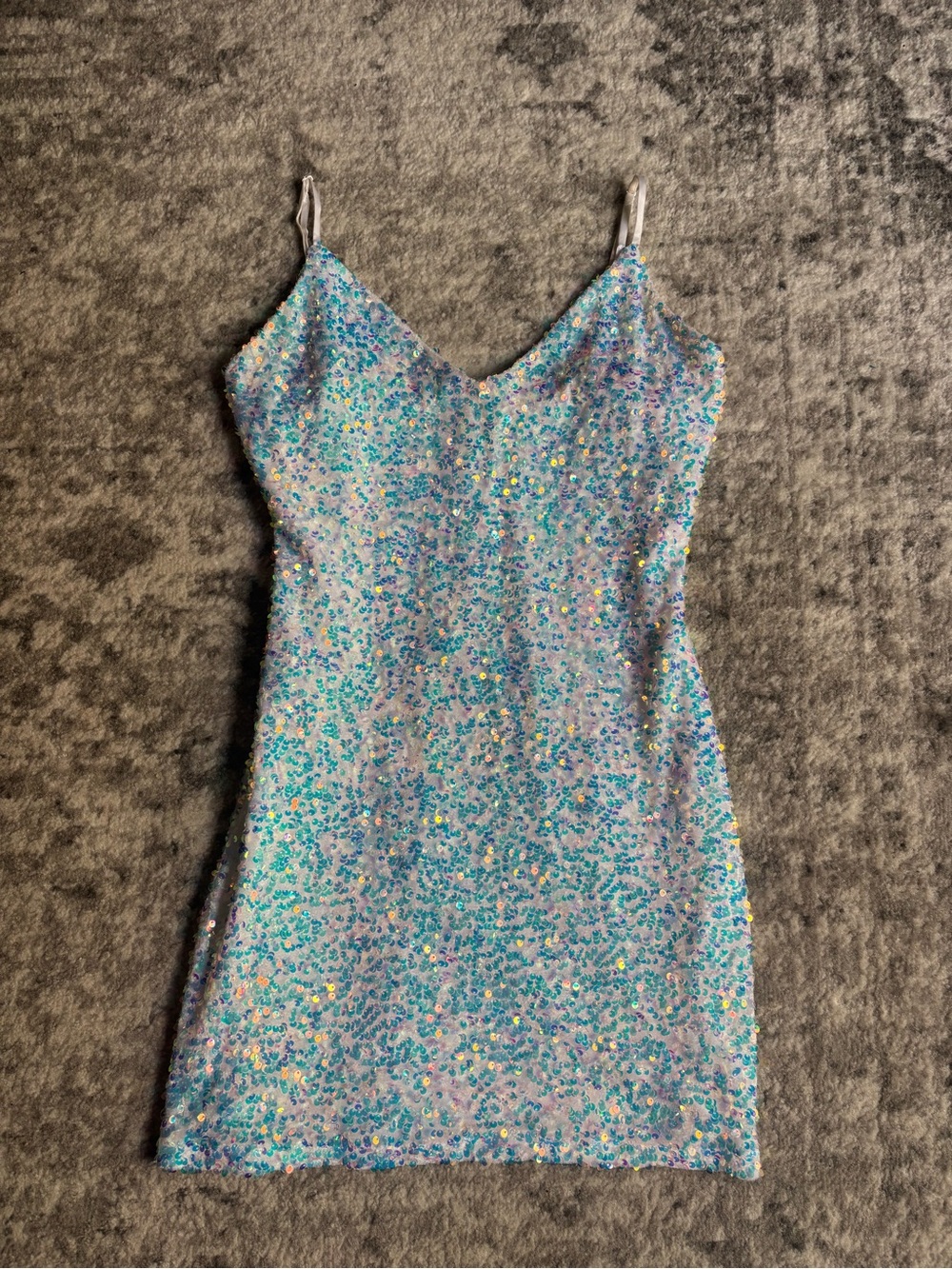 Windsor Iridescent Blue Sequin Spaghetti-Strap Mini Dress